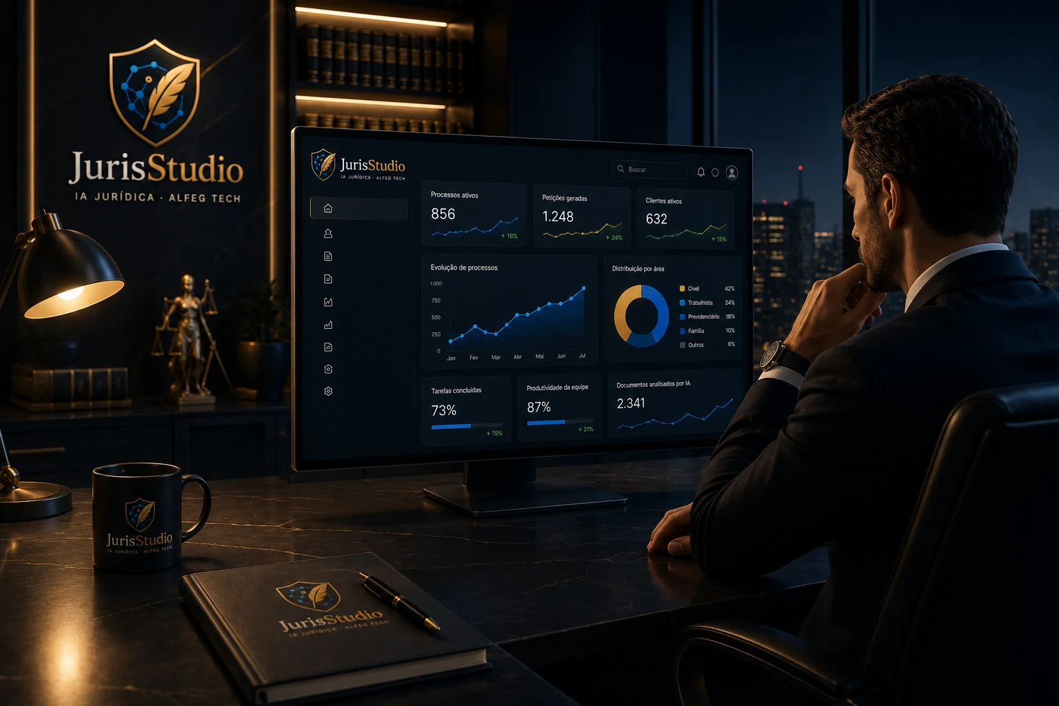 Advogado usando o painel executivo do JurisStudio