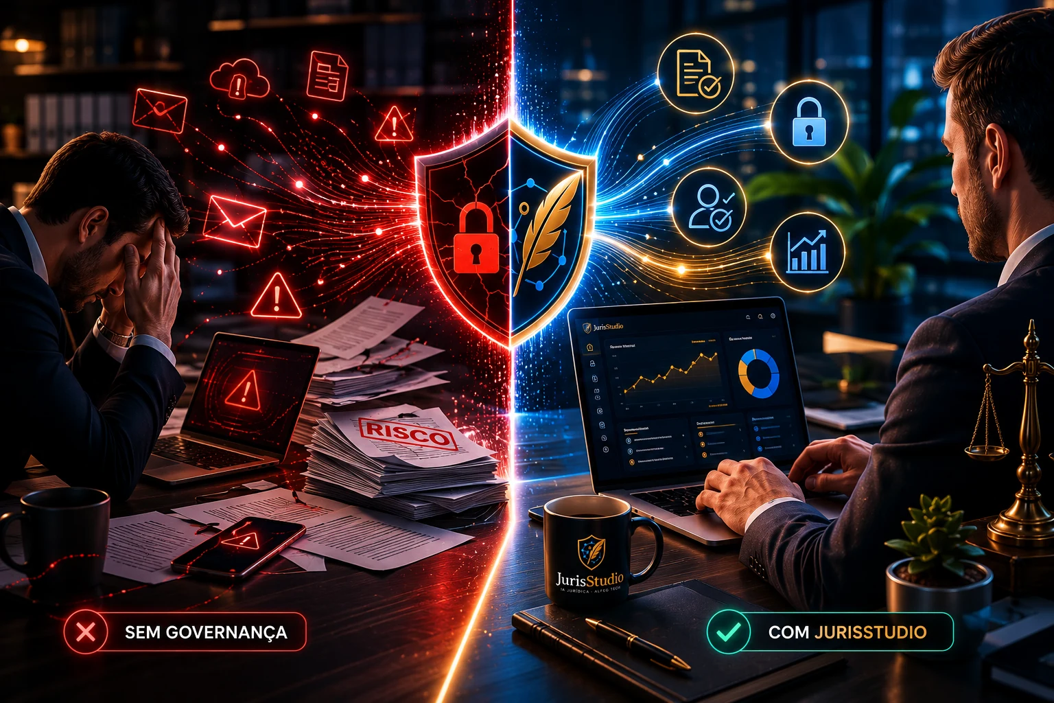 Comparativo entre uso de IA sem controle e uso seguro com JurisStudio